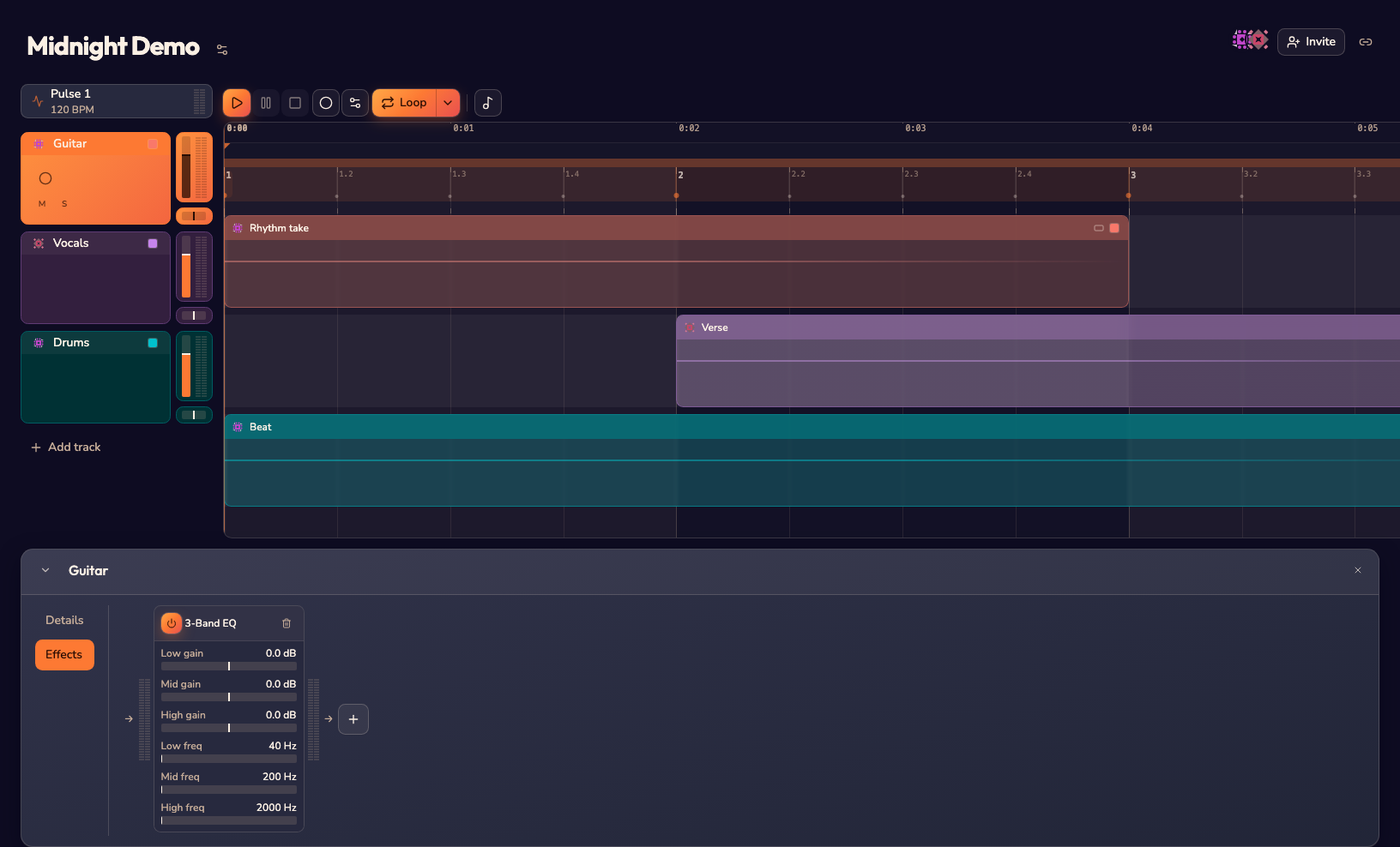 A Vamp project with tracks, clips, and a looped timeline
