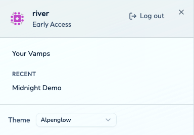 App navigation sheet with account, destinations, and theme selector