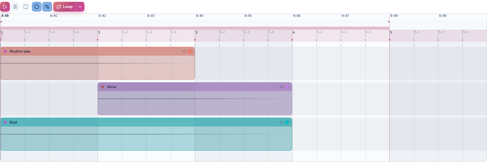 Timeline with transport toolbar, ruler, pulse lanes, and audio clips