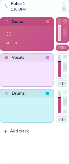 Track pane listing audio tracks with arm, mix, and meter controls